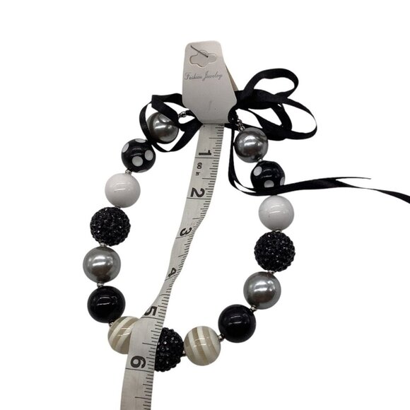Chunky Beaded Girls Necklace With Ribbon Tie Closure In Black White & Silver - Picture 2 of 11